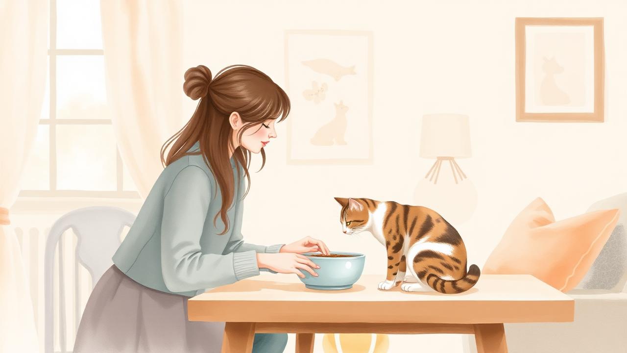 A cat sitter feeding a tabby cat in a cosy home