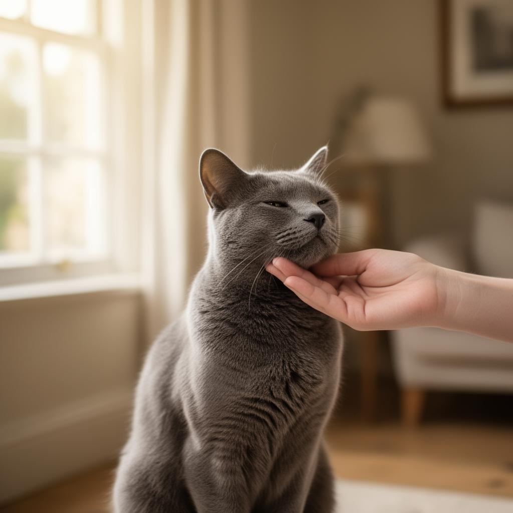 A cat sitter feeding a tabby cat in a cosy home