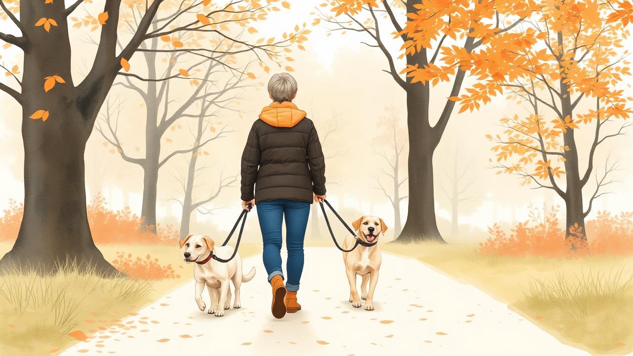 A dog walker in a UK park during autumn