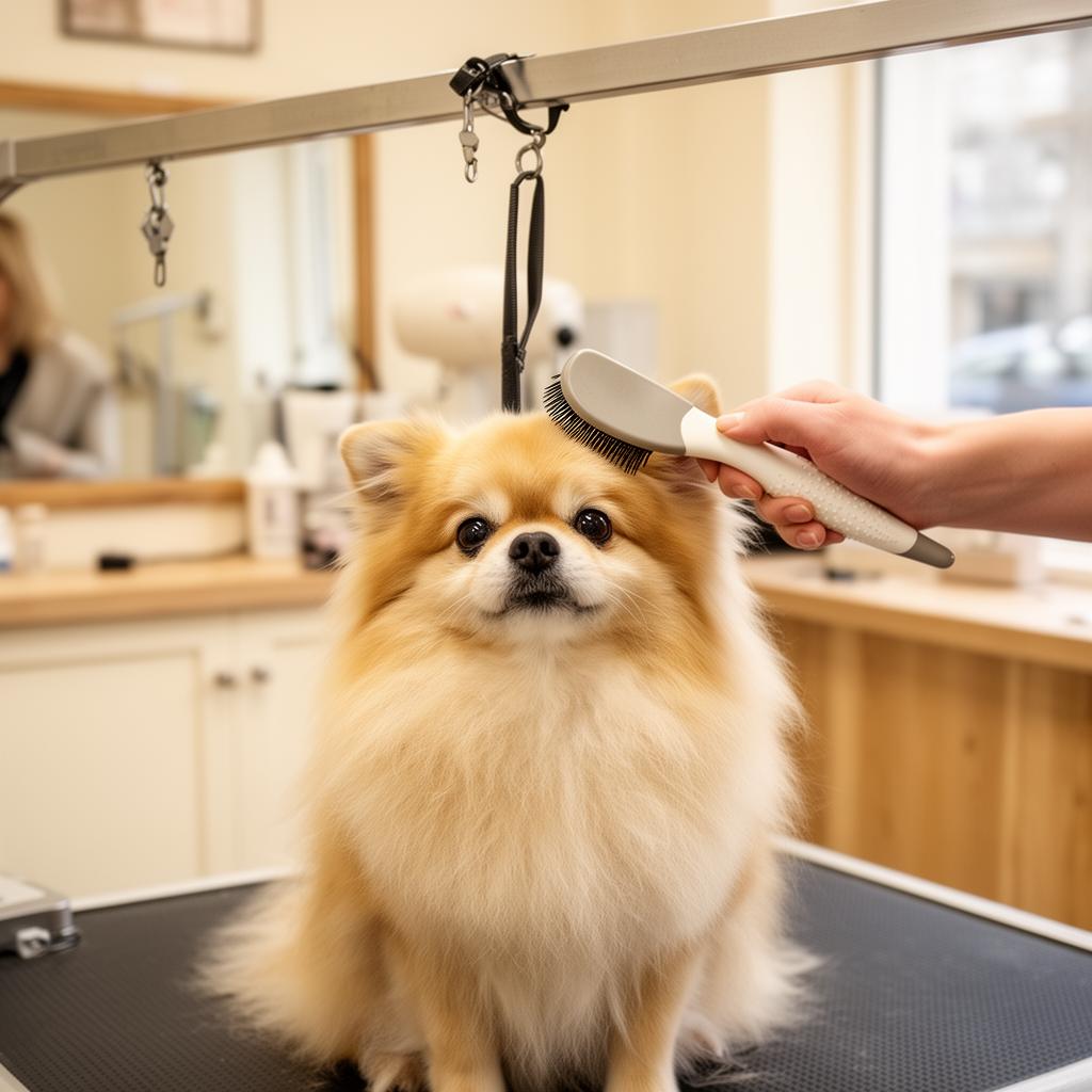 A small fluffy dog being gently groomed at a UK salon