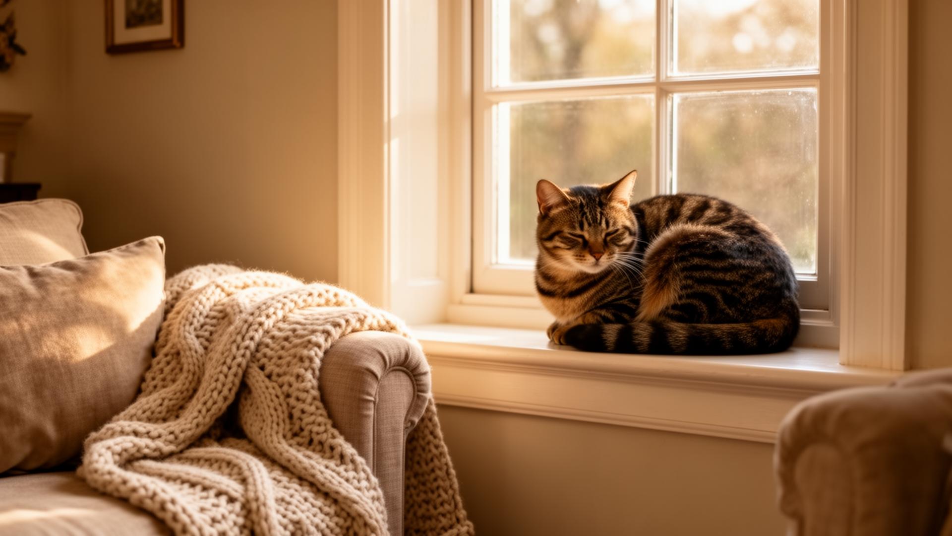 Tabby cat resting on a sunny windowsill
