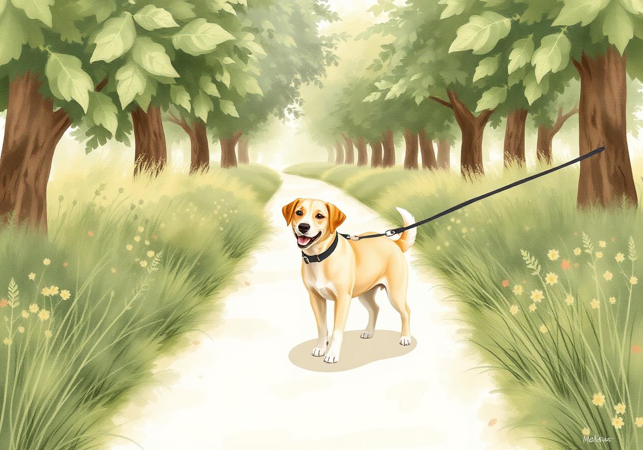 Friendly dog being walked on a UK park path