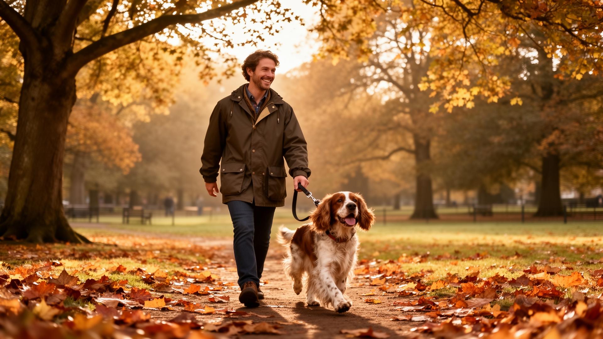Friendly dog being walked on a UK park path