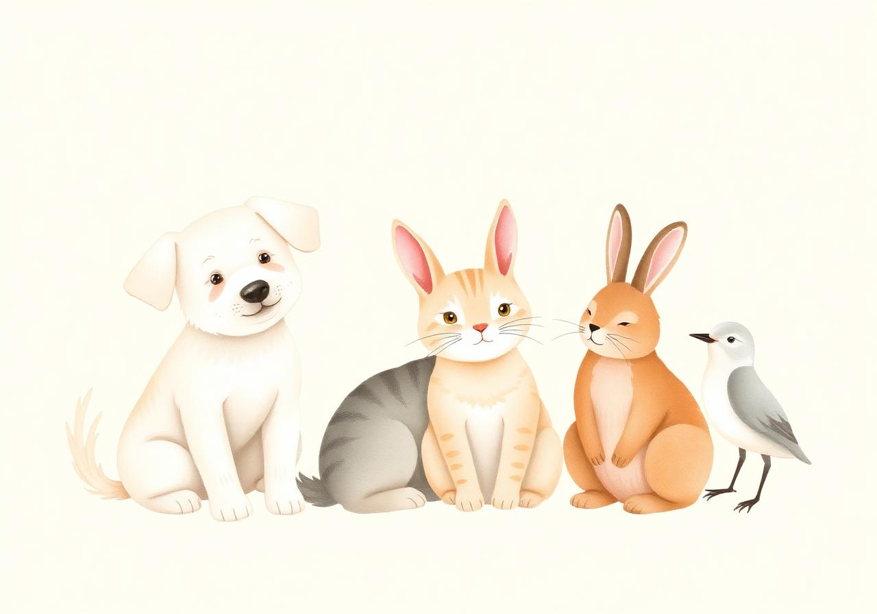 A friendly group of pets — dog, cat, rabbit and bird